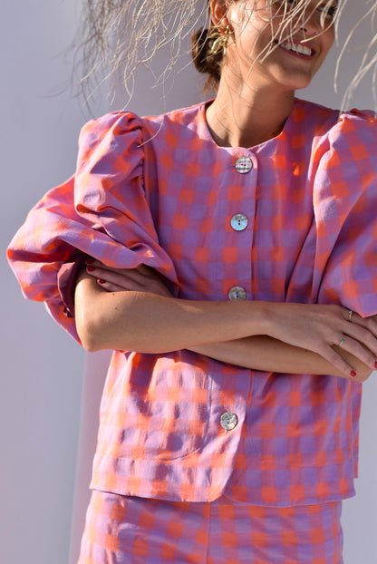 BLUSA HILDA - VICHY NARANJA Y MALVA -