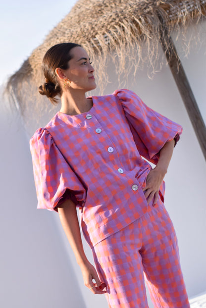 BLUSA HILDA - VICHY NARANJA Y MALVA -