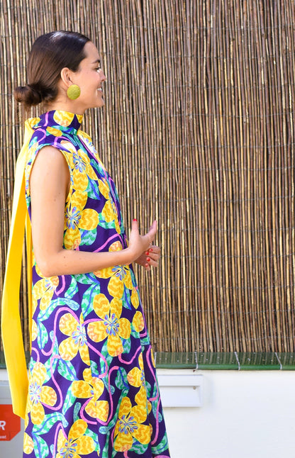 VESTIDO CLEMENTINA - LIBERTY MORADO Y AMARILLO - PREORDER 16 MAYO