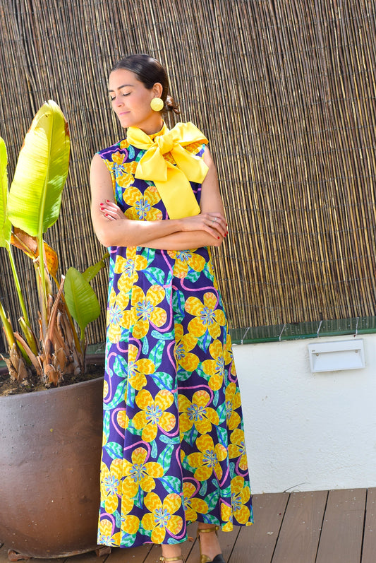 VESTIDO CLEMENTINA - LIBERTY MORADO Y AMARILLO - PREORDER 16 MAYO