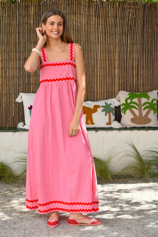 VESTIDO MATILDA - ROSA CON ROJO - PREORDER 21 MAYO