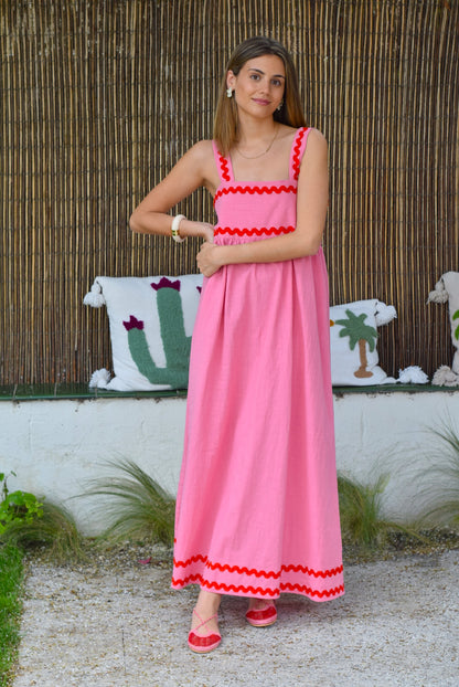 VESTIDO MATILDA - ROSA CON ROJO - PREORDER 21 MAYO