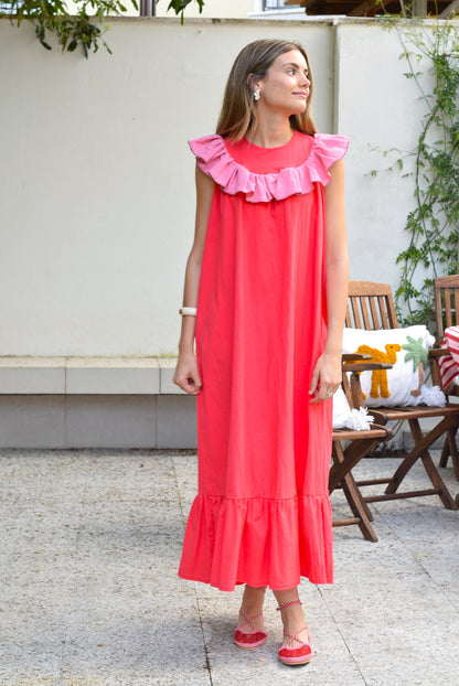 VESTIDO CONSTANZA - ROJO Y ROSA - PREORDER 30 MAYO