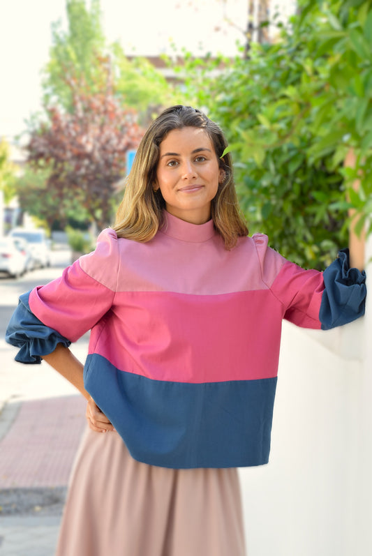BLUSA TRIANA - ROSA, ROSA Y AZUL -