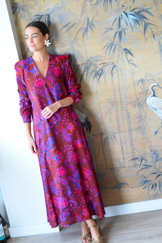 VESTIDO CARLOTA - GRANATE CON FLORES - PREORDER 7 SEPTIEMBRE