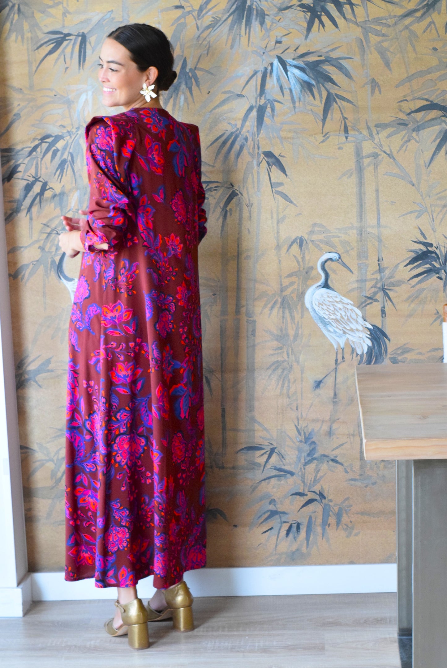 VESTIDO CARLOTA - GRANATE CON FLORES - PREORDER 7 SEPTIEMBRE