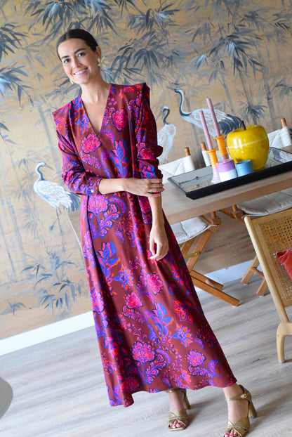 VESTIDO CARLOTA - GRANATE CON FLORES - PREORDER 7 SEPTIEMBRE