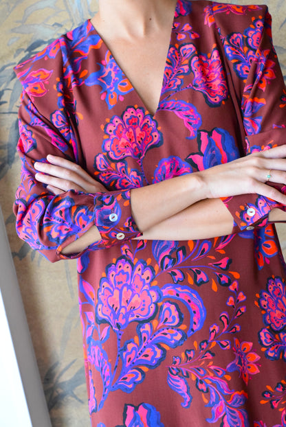 VESTIDO CARLOTA - GRANATE CON FLORES - PREORDER 7 SEPTIEMBRE