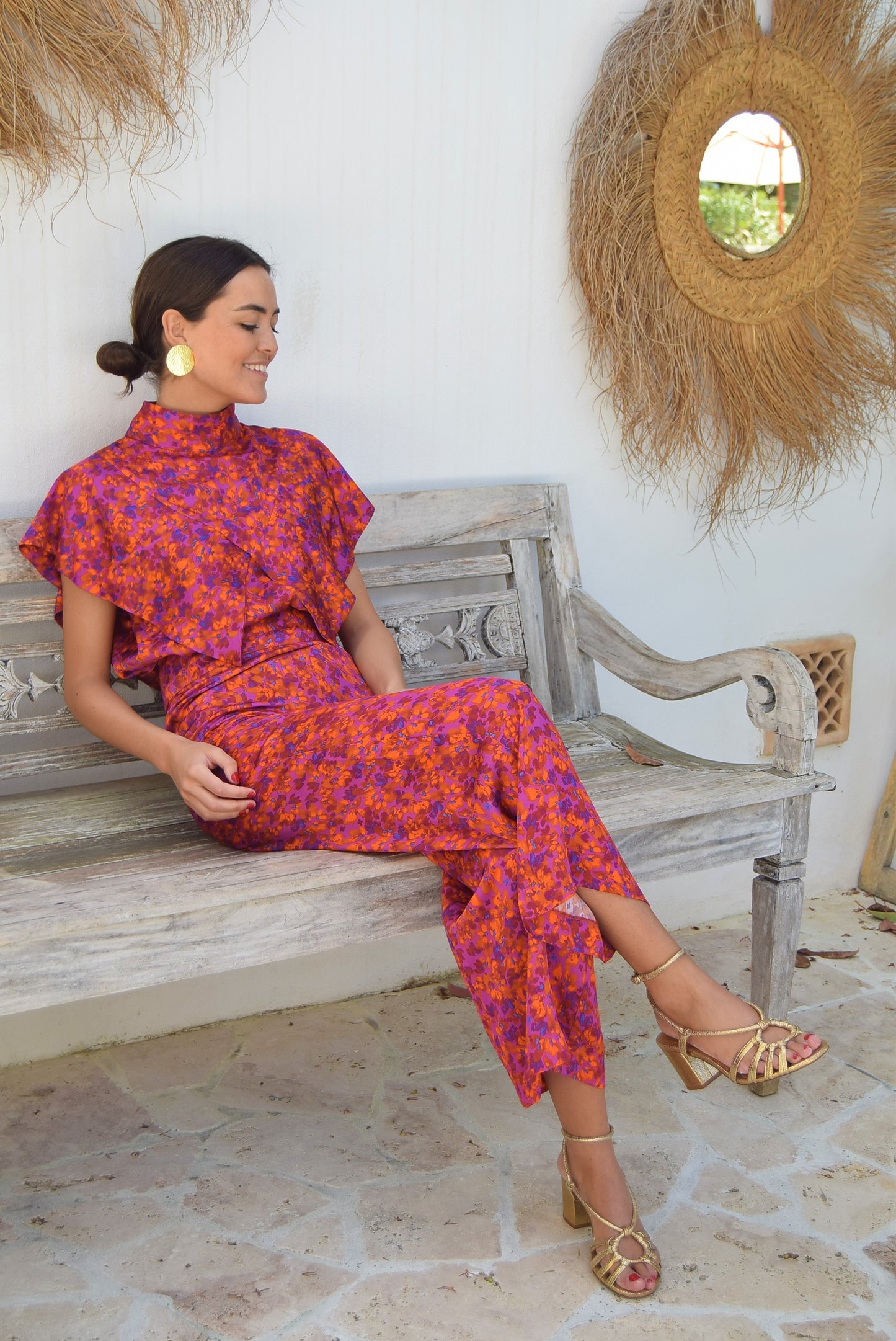 PANTALONES SOL -  FLORES ROJAS/ROSAS -